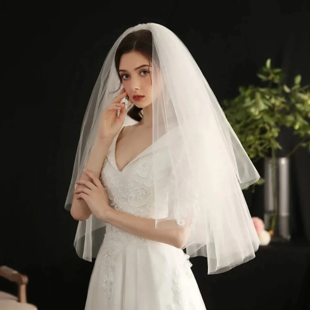 Wedding veil bridal elbow medium length layered simple white beautiful elegant